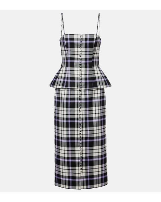 Carolina Herrera Blue Checked Trompe L'Oil Wool Midi Dress