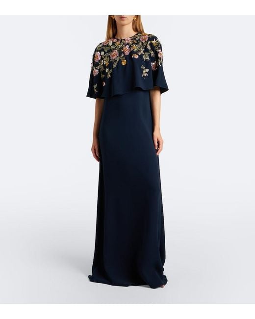 Oscar de la Renta Blue Embellished Silk-Blend Georgette Gown
