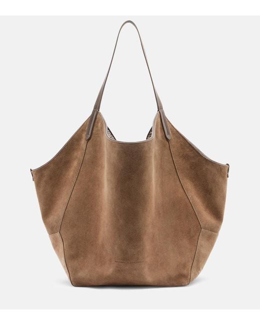 Brunello Cucinelli Brown Monili Medium Reversible Suede Tote Bag