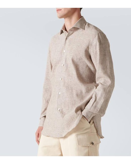 Camicia in misto lino a righe di Kiton in White da Uomo