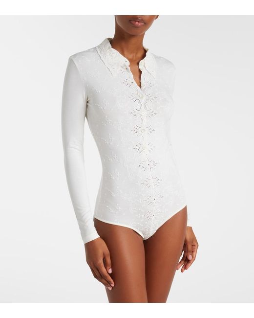 Magda Butrym White Embroidered Cotton-Blend Bodysuit