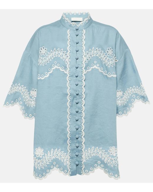 Zimmermann Blue Junie Embroidered Linen Shirt