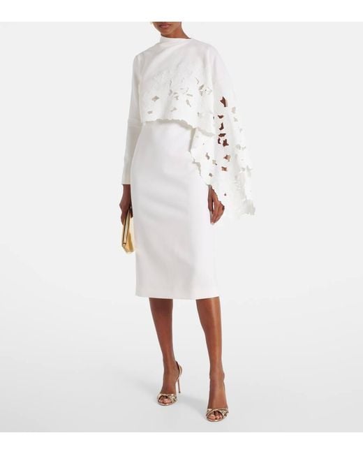Oscar de la Renta White Cape-Detail Wool-Blend Midi Dress
