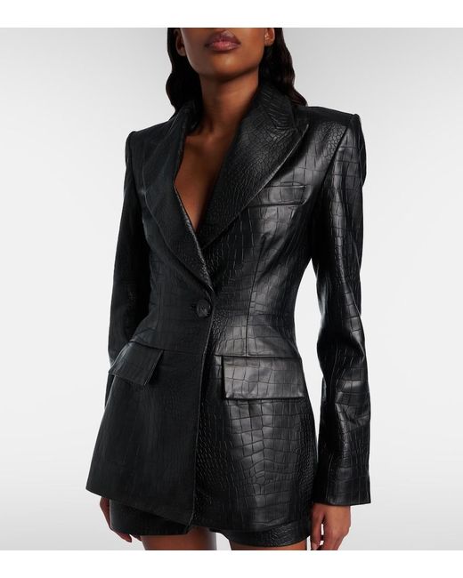 Alex Perry Black Croc-Effect Leather Blazer