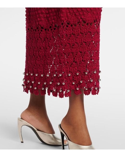 Rabanne Red Embellished Crochet Cotton Midi Dress