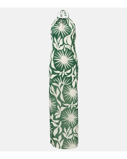Cala De La Cruz Green Acasia Beaded Printed Halterneck Maxi Dress