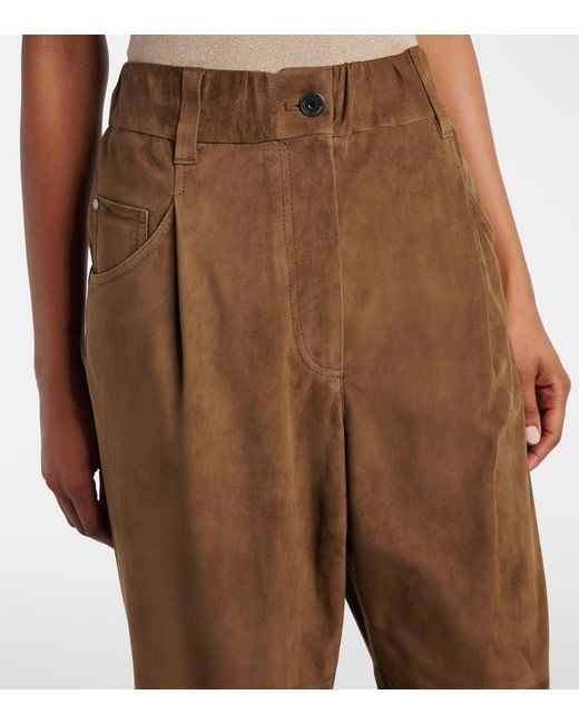 Brunello Cucinelli Brown Monili Suede Straight Pants