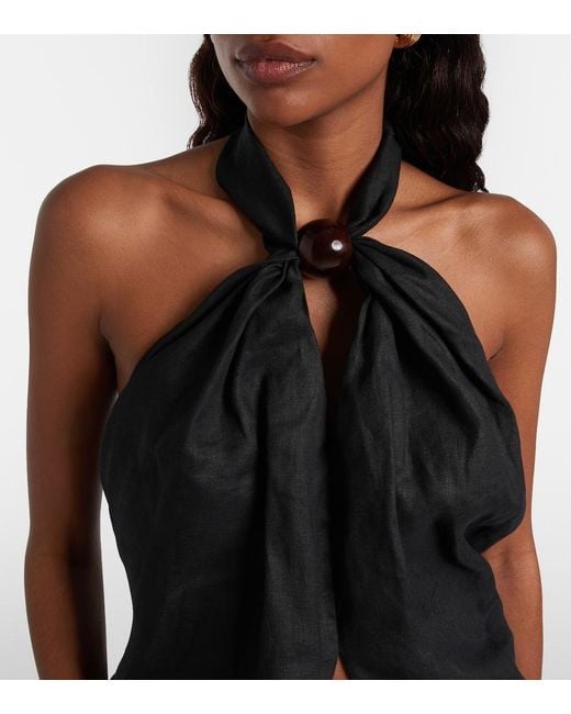 Faithfull The Brand Black Biba Embellished Halterneck Linen Top