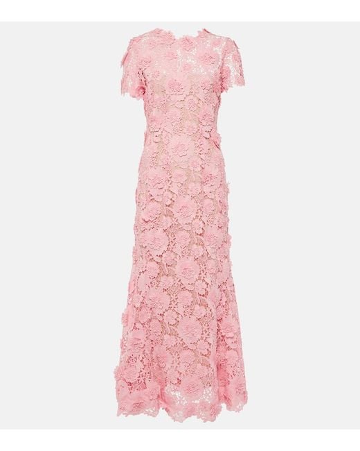 Oscar de la Renta Pink Floral Lace Midi Dress