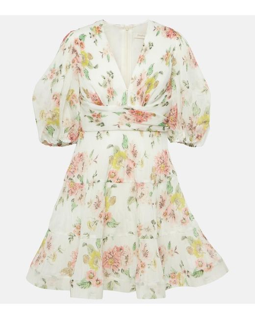 Zimmermann White Minidress With Puff Sleeves And Floral Print