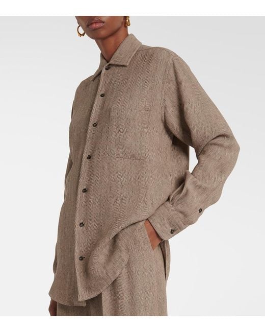 Loro Piana Brown Andre Chevron Linen Crepe Shirt