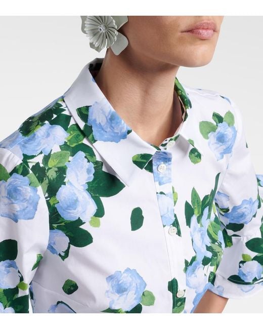 Carolina Herrera Blue Floral Ruffled Cotton-Blend Shirt