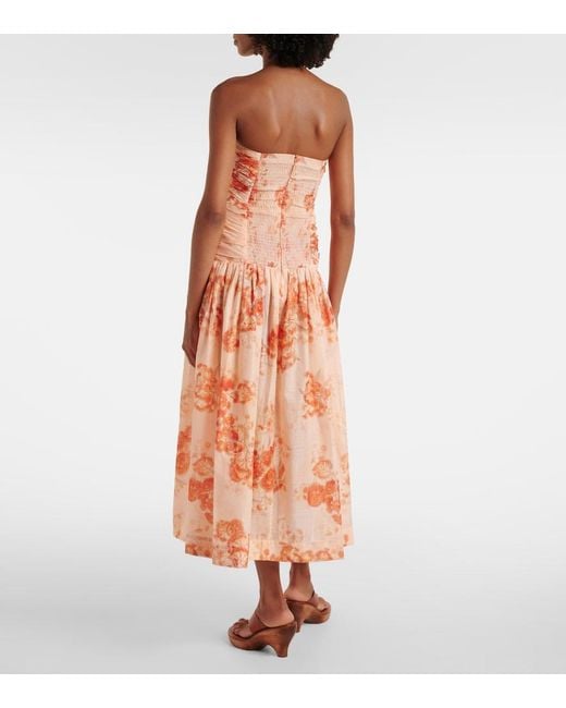 Zimmermann Orange Cascadian Floral Strapless Midi Dress