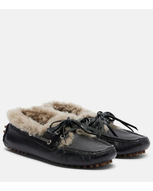 Brunello Cucinelli Black Monili Shearling Boat Shoes