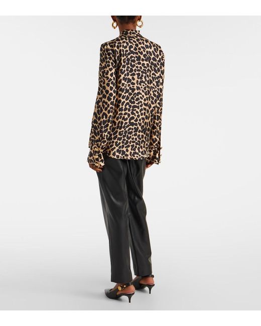 Balmain Black Leopard-Print Ruffled Silk Blouse