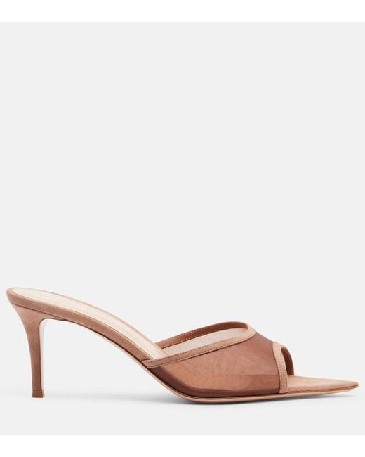 Gianvito Rossi Brown Dorotea Suede-Trimmed Mesh Mules