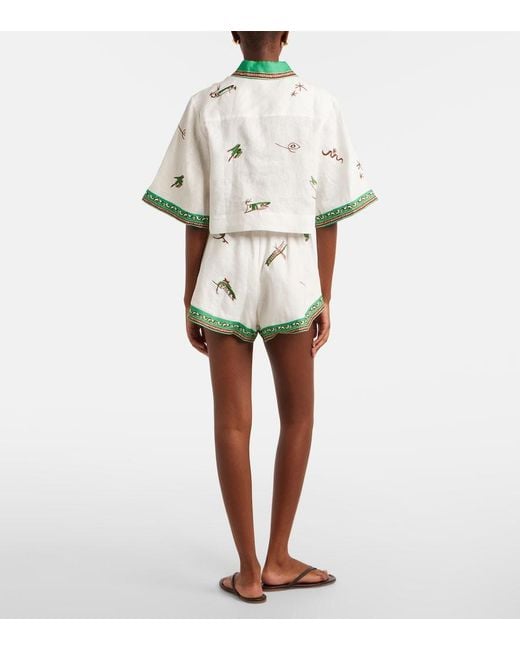 ALÉMAIS Green Wanda Embroidered Linen Shorts