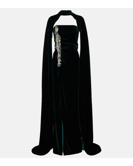 Costarellos Black Brisha Caped Embellished Velvet Gown