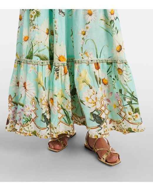 Camilla Green Floral Tiered Linen Maxi Skirt