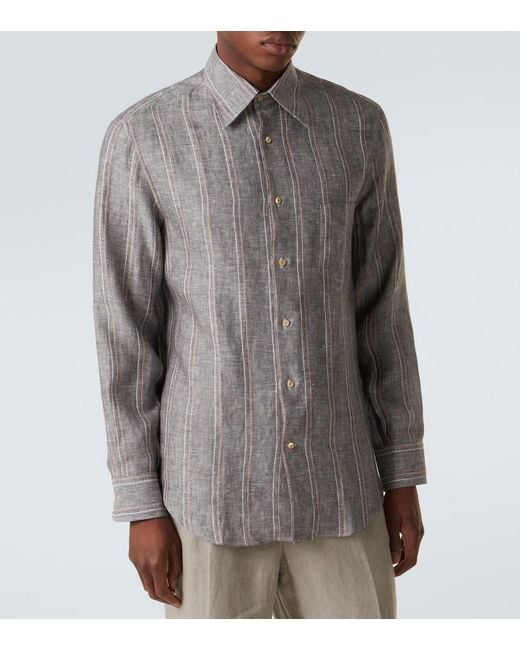 Brunello Cucinelli Gray Pinstripe Linen Shirt for men