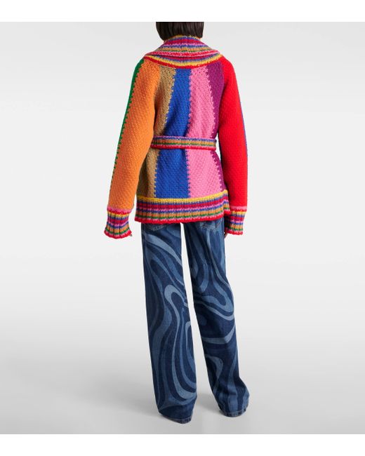 Emilio Pucci Red Colorblocked Striped Wool Wrap Cardigan