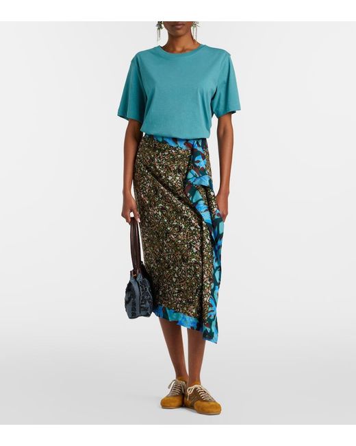 Dries Van Noten Green Printed Ruffled Midi Skirt