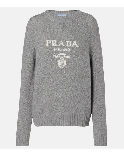 Prada Gray Logo Intarsia Wool And Cashmere Sweater