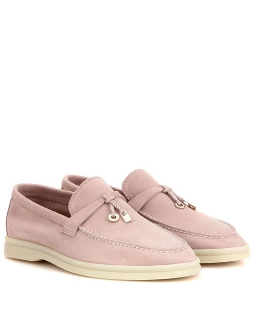 Loro Piana Pink Summer Charms Walk Suede Loafers
