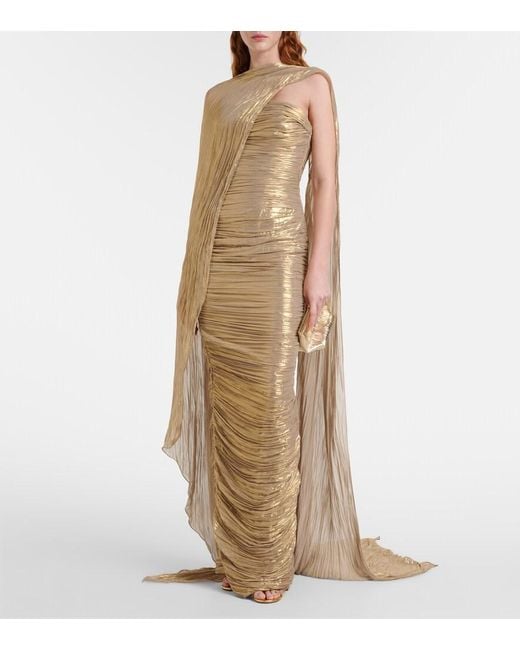 Marmar Halim Natural Pleated Caped Gown
