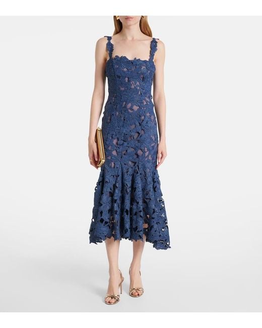 Oscar de la Renta Blue Midikleid Aus Guipure-Spitze