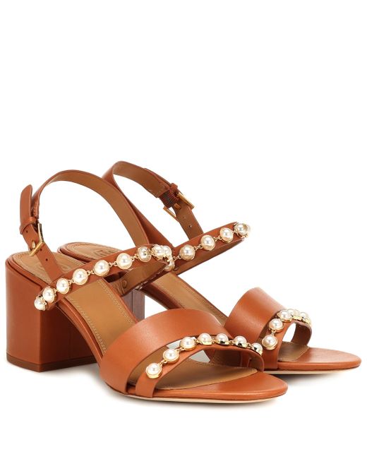 Tory Burch Brown Emmy Pearl Embellished Sandals