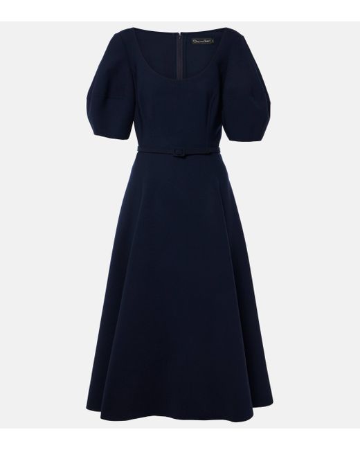 Oscar de la Renta Blue Puff-sleeve Wool-blend Midi Dress