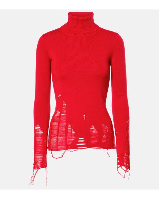 MM6 by Maison Martin Margiela Red Distressed Wool-blend Turtleneck Sweater