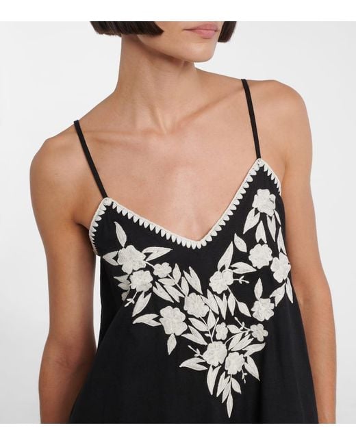 Juliet Dunn Black Besticktes Midikleid Aus Baumwolle Und Leinen