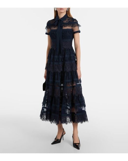 Elie Saab Blue Tie-Neck Lace Midi Dress