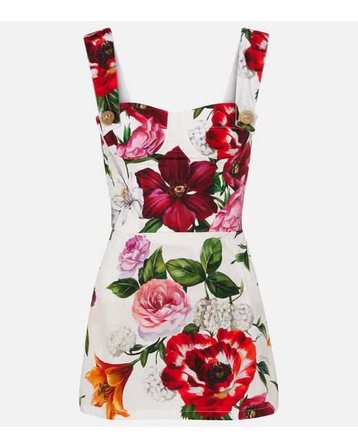 Dolce & Gabbana Red Floral-Print Cotton-Poplin Mini Dress