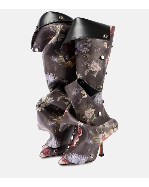 Y. Project Black Snap 100 Floral Leather Knee-High Boots