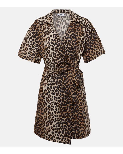 Ganni Brown Leopard Print Organic Cotton Mini Dress