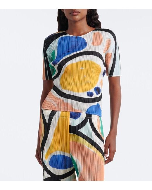 Pleats Please Issey Miyake Blue Roll Pleated Printed Top