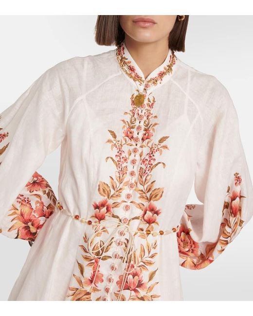 Zimmermann White Vacay Billow Belted Floral-print Linen Maxi Dress
