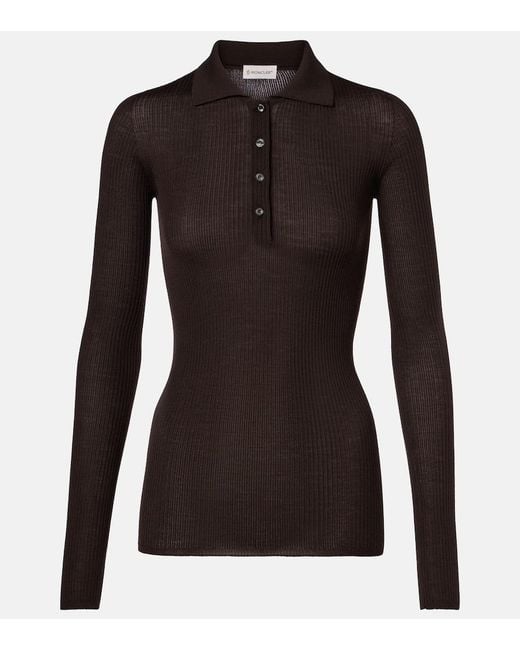 Moncler Black Ribbed-Knit Wool Polo Shirt