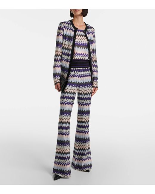 Missoni Blue Zigzag Knitted Lame Flared Pants