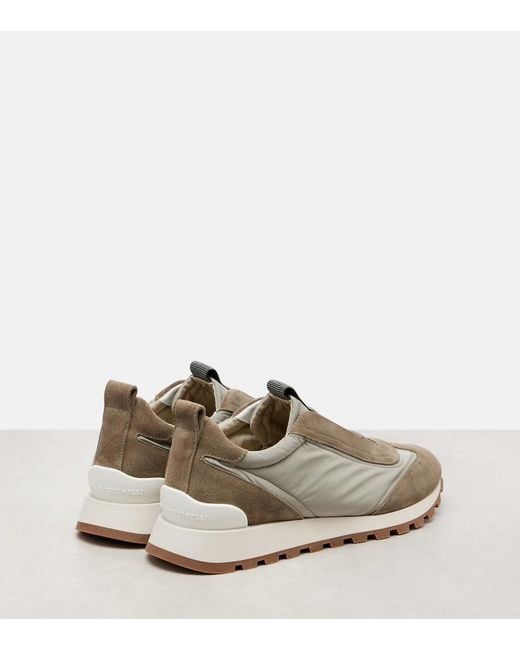 Brunello Cucinelli Gray Monili Suede-Trimmed Sneakers