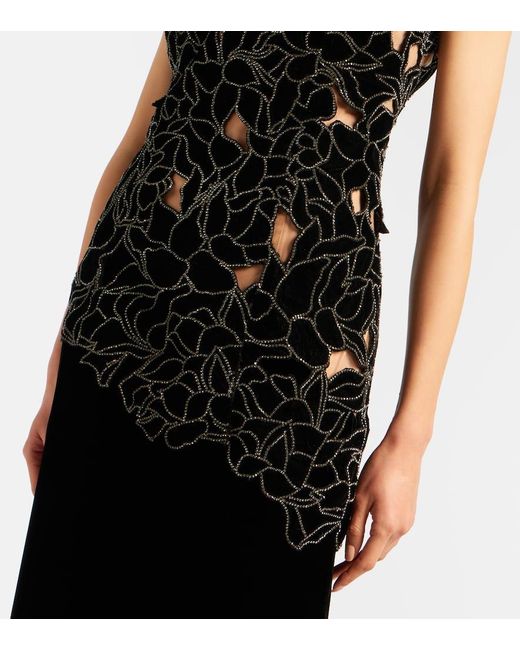 Costarellos Black Serisa Embellished Lace-Trimmed Velvet Gown