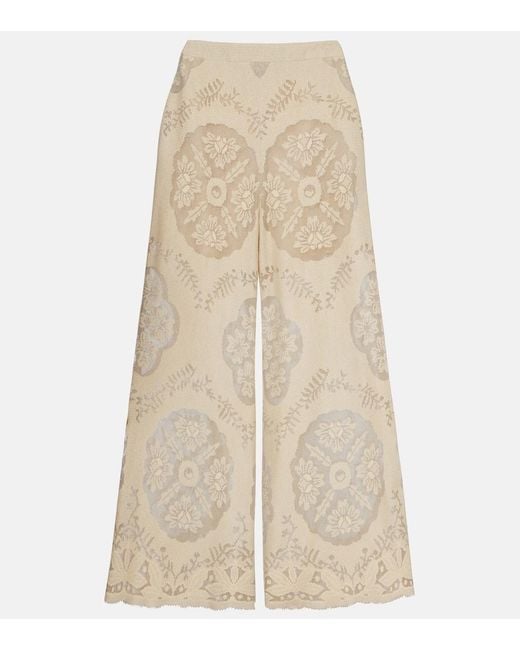 Valentino Natural Embroidered Cotton-Blend Wide-Leg Pants