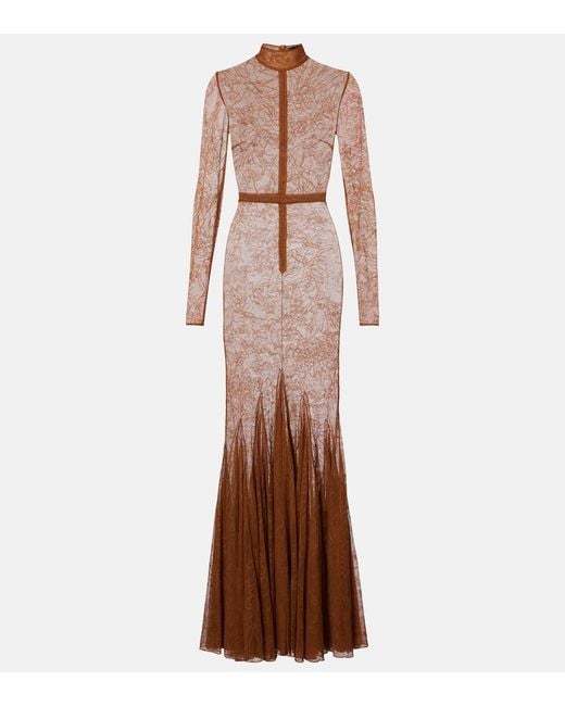 David Koma Brown Sheer Lace Gown