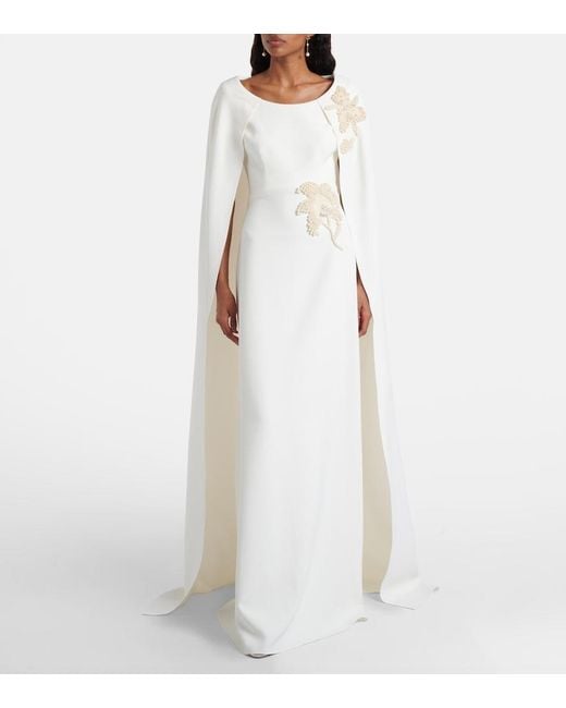 Safiyaa White Yuna Faux Pearl-Embellished Crepe Gown