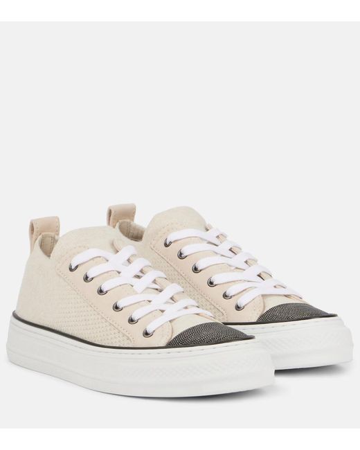 Brunello Cucinelli White Monili Suede-Trimmed Low-Top Sneakers