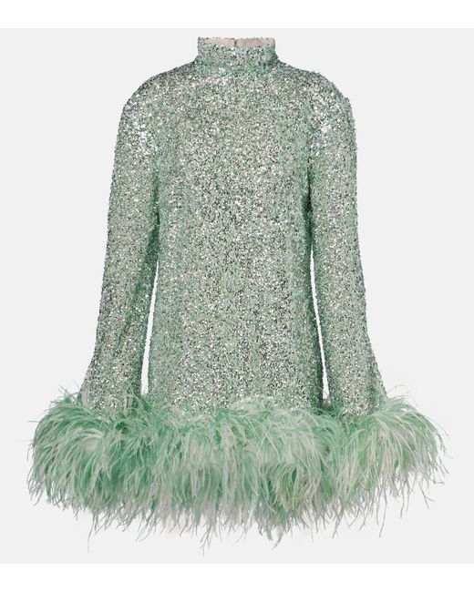 ‎Taller Marmo Green Gina Sequined Feather-Trimmed Minidress