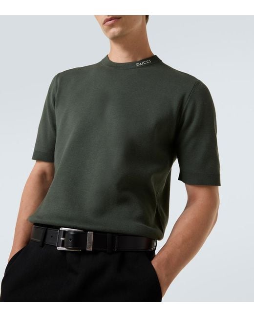 Gucci Green Silk Cotton Knit T-Shirt With Intarsia for men